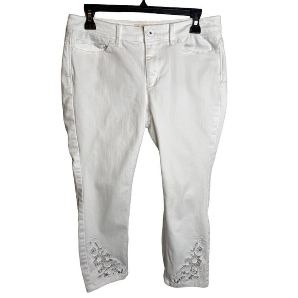J Jill White Denim Jeans Sz 8 Cropped Authentic Fit Cutout Embroidery